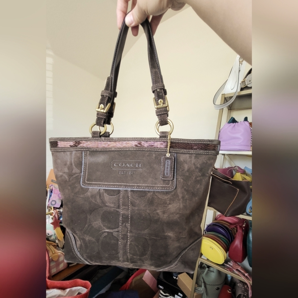 Coach 10442 Brown Suede With Sequin Tote Vintage